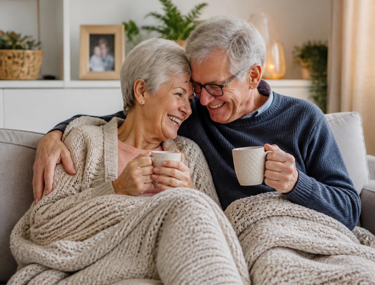 Elderly couple laughing together under a blanket with mugs of tea