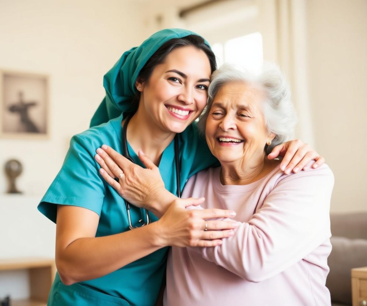 Caregiver embracing a senior woman with warmth