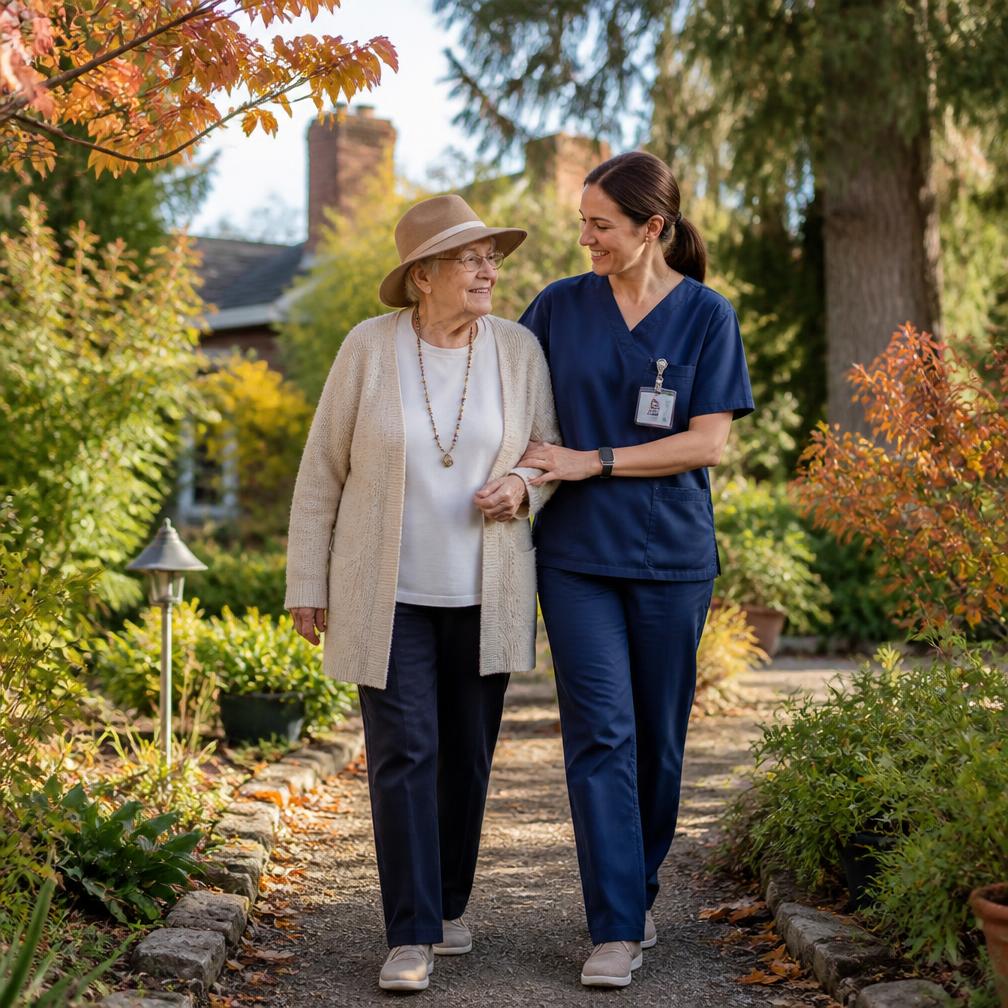Carer walking arm in arm with an elderly woman in a garden
