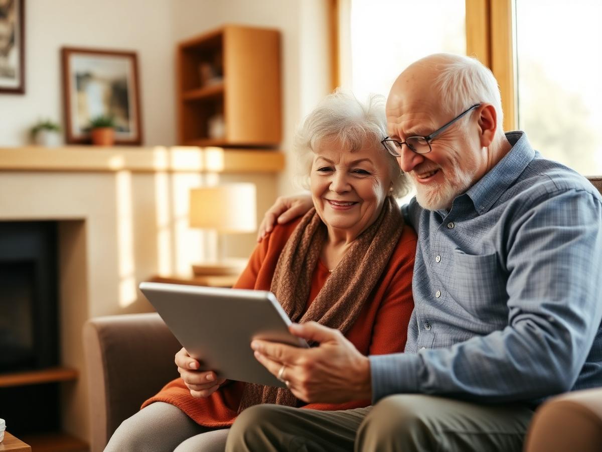 Senior couple reviewing a care plan on a tablet