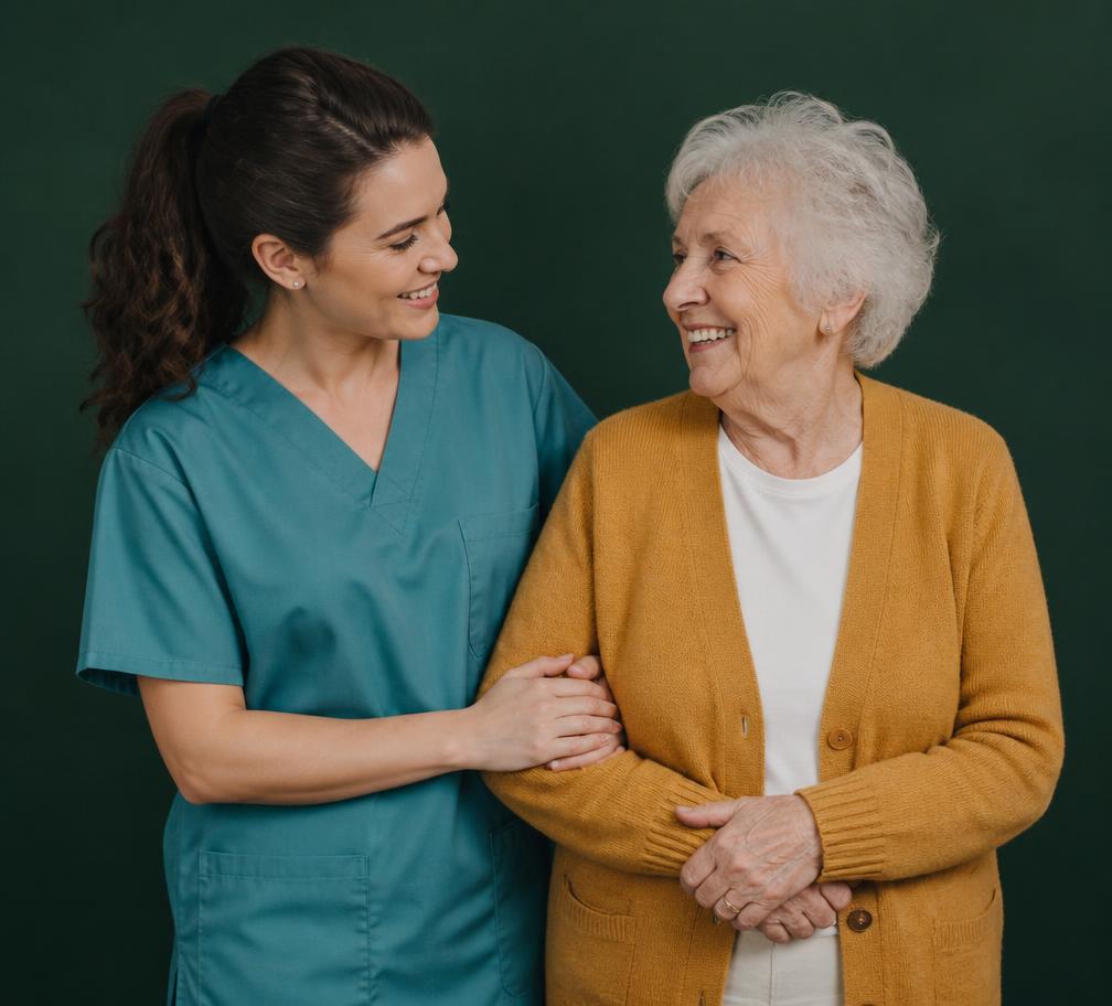 Carer standing with a smiling elderly woman