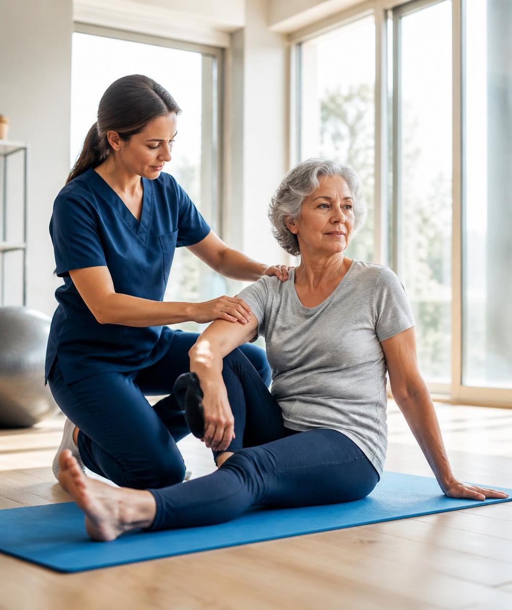 Therapist supporting an older woman with gentle exercises