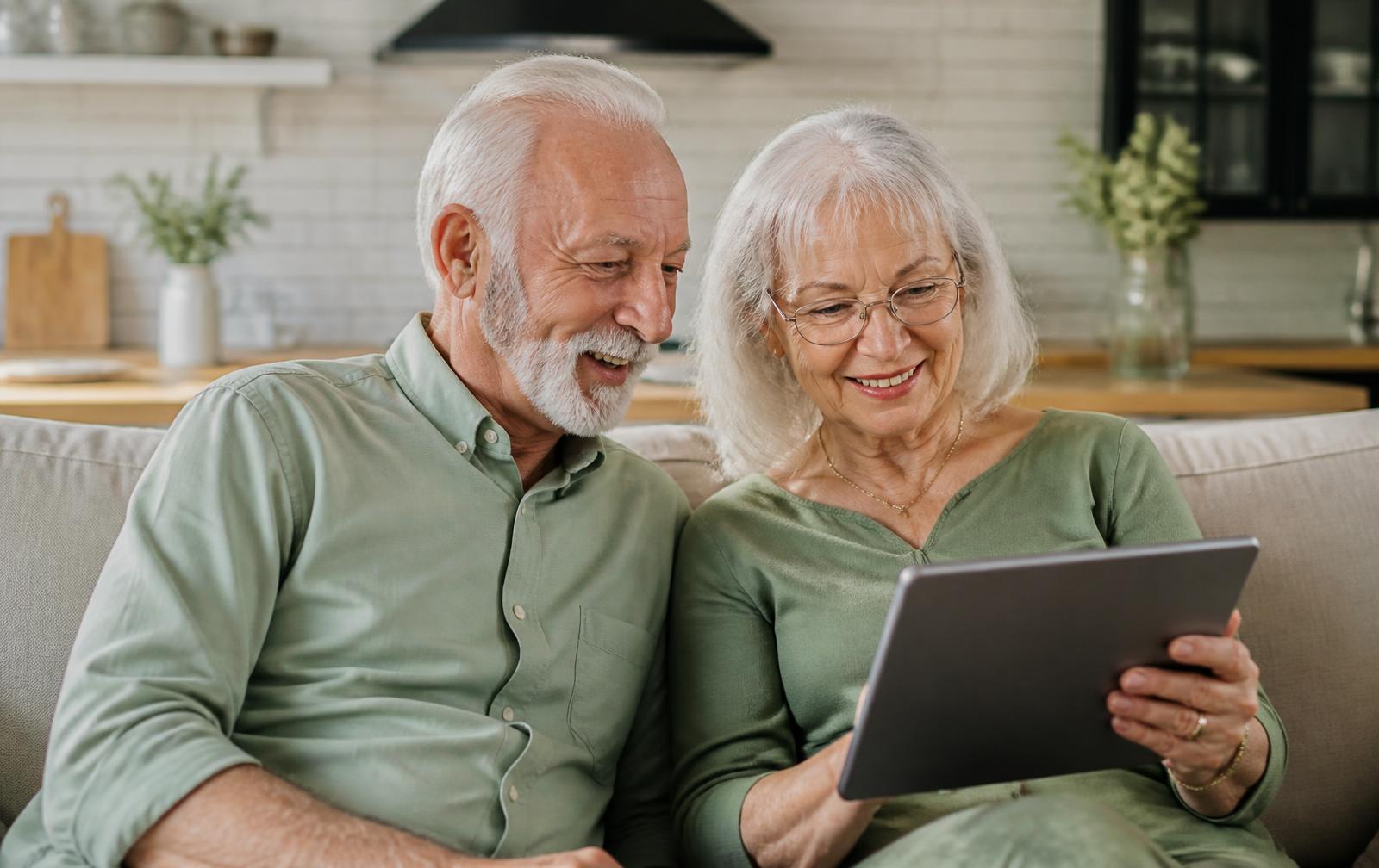 Elderly couple smiling together at home while using a tablet