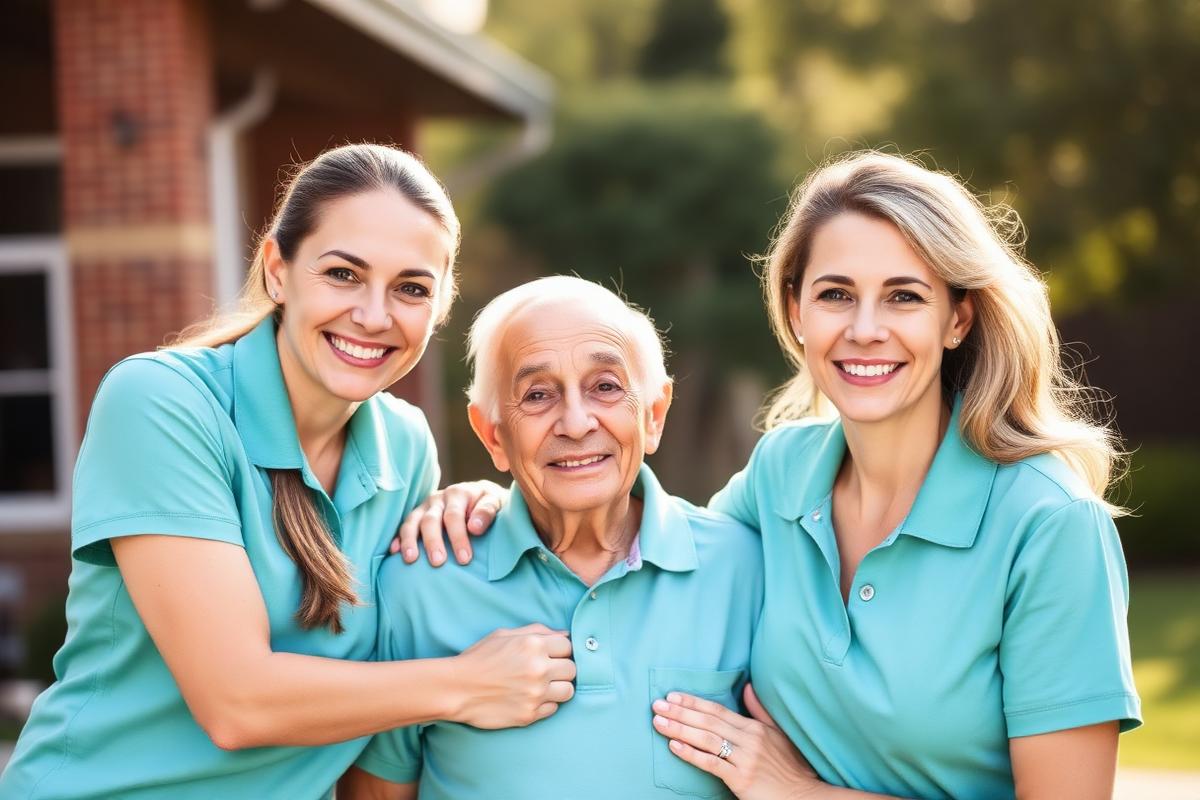 Caregiver with senior outdoors smiling