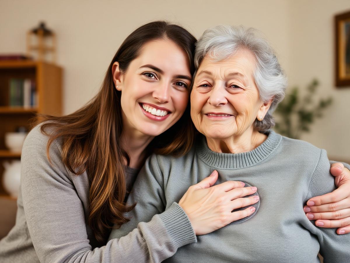 Daughter embracing her elderly mother
